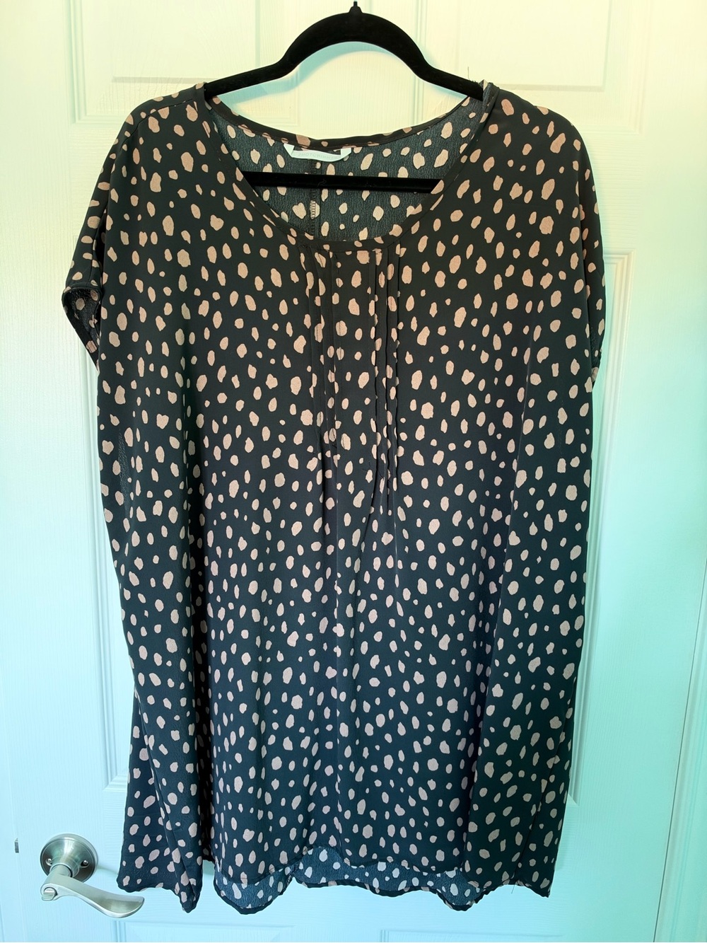Penningtons Black Blouse with Beige Dot Print and Tie-Neck